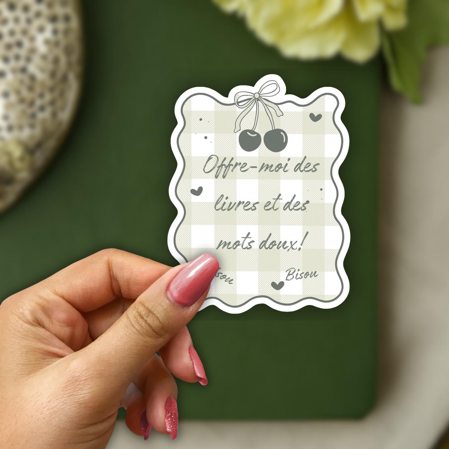 Autocollant en vinyle, Sticker Offre-moi des livres et des mots doux! Bisou Bisou