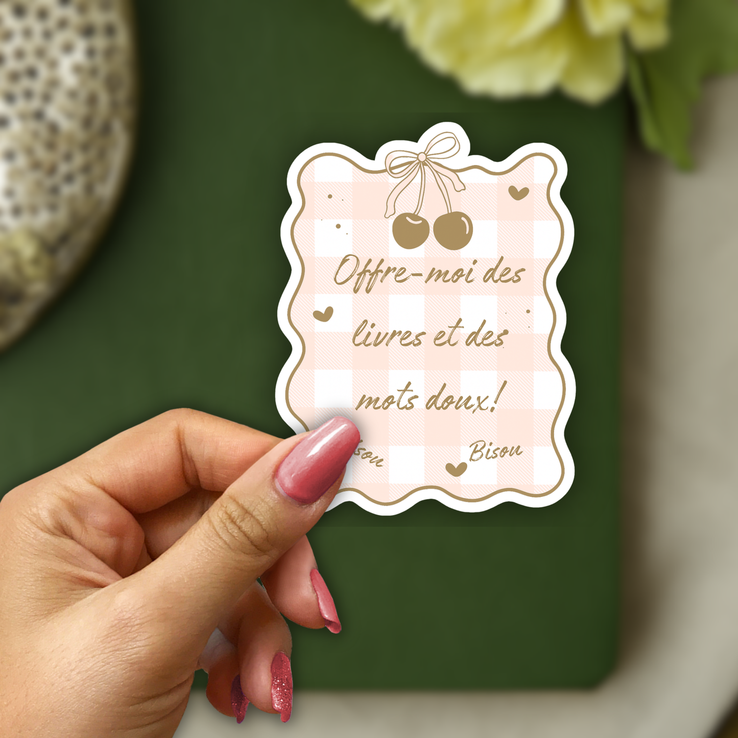 Autocollant en vinyle, Sticker Offre-moi des livres et des mots doux! Bisou Bisou