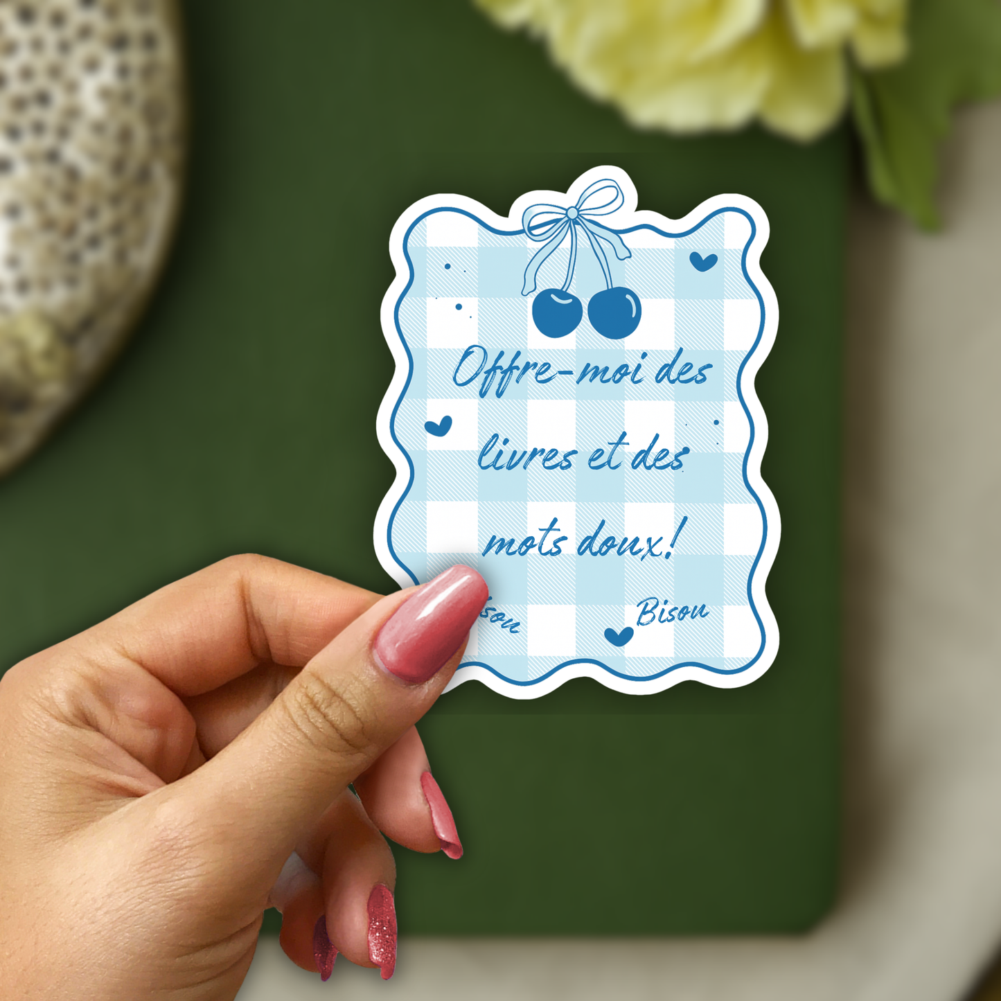 Autocollant en vinyle, Sticker Offre-moi des livres et des mots doux! Bisou Bisou